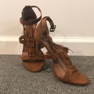 Cognac Fringe Heel Sandals